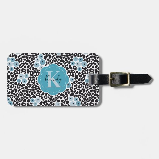 Blue Floral Cheetah Print mit/Custom Monogram & Na Gepäckanhänger (Vorderseite horizontal)