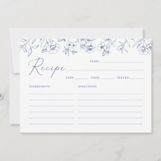 Blue Floral Chinoiserie Brautparty Rezept Karte (Vorderseite)