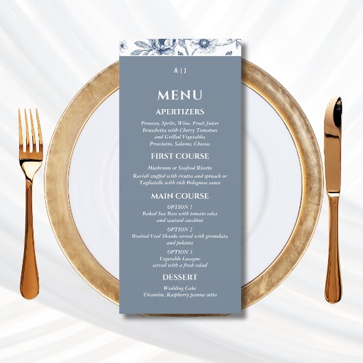 Blue Floral Chinoiserie Christian Wedding Menu Menükarte