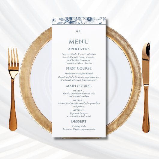 Blue Floral Chinoiserie Christian Wedding Menu Menükarte