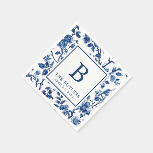 Blue Floral Chinoiserie Hochzeitscocktail Napkins Serviette (Ecke)