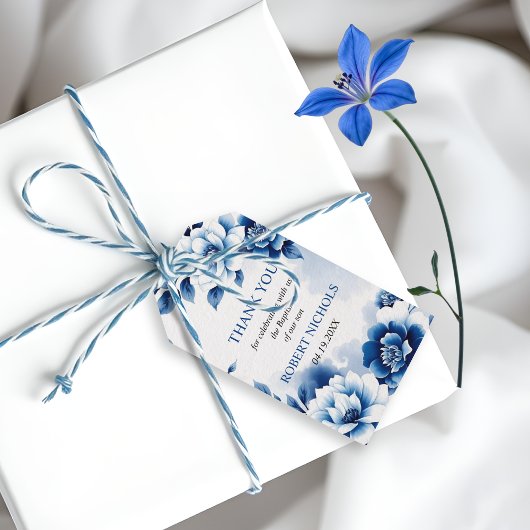 Blue floral Chinoiserie Junge Taufe Danke Geschenkanhänger