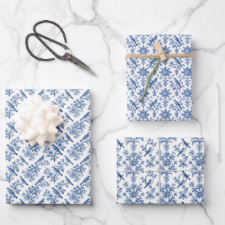 Blue Floral Chinoiserie Sheet Gift Wrap Set of 3 Geschenkpapier Set