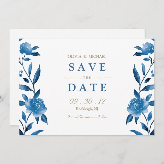 Blue floral Chinoiserie Wedding speichern das Datu Save The Date (Vorne/Hinten)