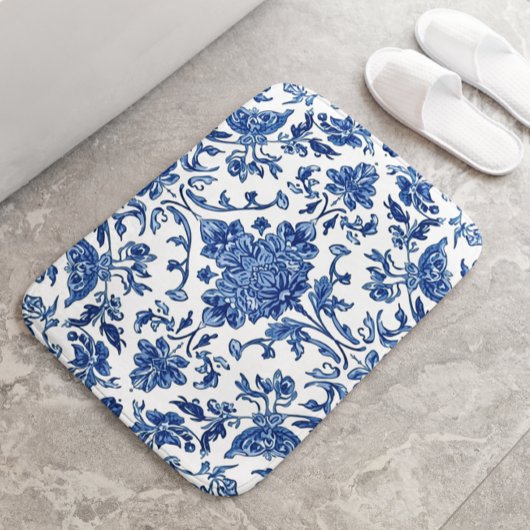 Blue Floral Chinoiserie White Watercolor Badematte