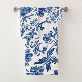 Blue Floral Chinoiserie White Watercolor Badhandtuch Set