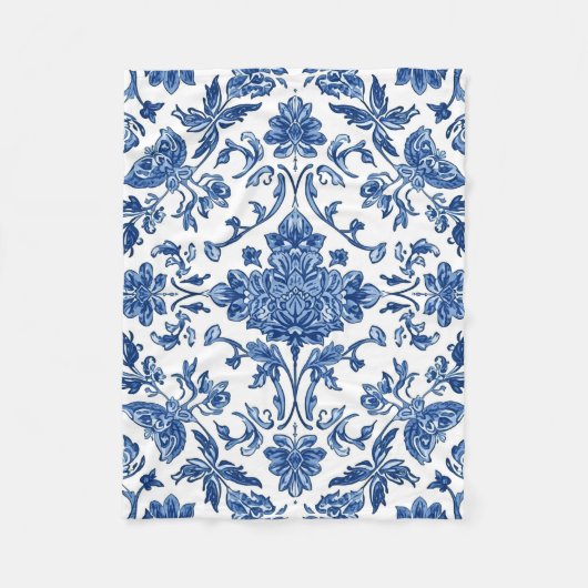 Blue Floral Chinoiserie White Watercolor Fleecedecke (Vorderseite)