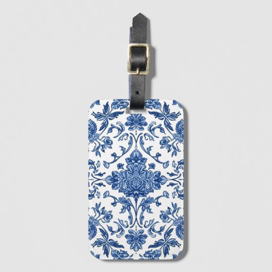 Blue Floral Chinoiserie White Watercolor Gepäckanhänger (Vorderseite Vertikal)