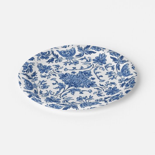 Blue Floral Chinoiserie White Watercolor Pappteller (Schrägansicht)