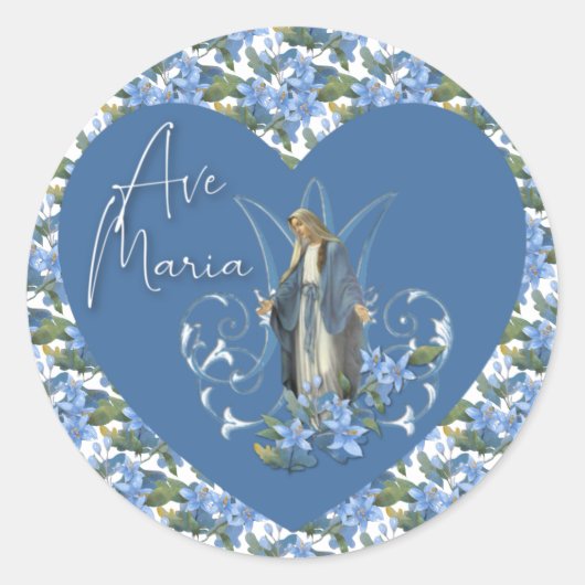 Blue Floral Christlich Jungfrau Mary Ave Maria Runder Aufkleber (Vorderseite)
