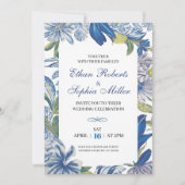 Blue Floral Classic Hochzeitseinladung Einladung (Vorderseite)