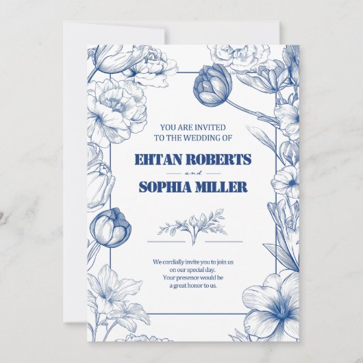Blue Floral Classic Hochzeitseinladung Einladung (Vorderseite)