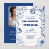 Blue Floral Classic Hochzeitseinladung Einladung (Vorne/Hinten)