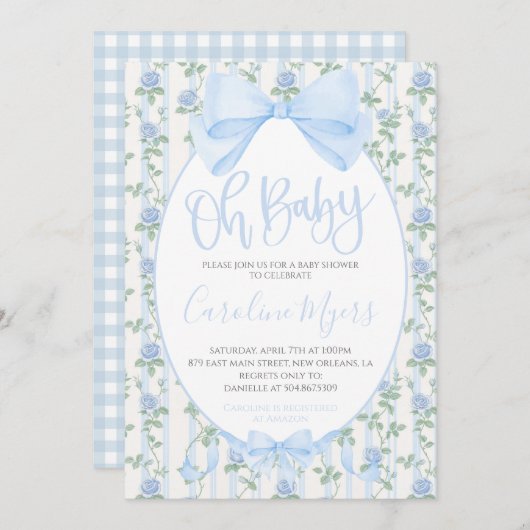 Blue Floral Coquette Bow Baby Boy Einladung (Vorne/Hinten)