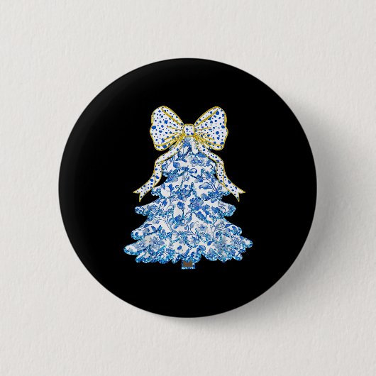 Blue Floral Coquette Bow Weihnachtsbaum Chinoiseri Button (Vorderseite)
