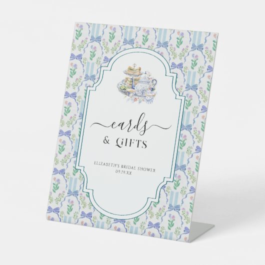 Blue Floral Coquette Tee Party | Karten und Gesche Sockelschild (Vorderseite)