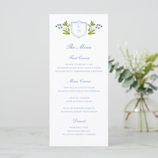 Blue Floral Crest Wedding Menükarte (Stehend Vorderseite)