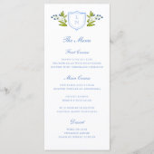 Blue Floral Crest Wedding Menükarte (Vorderseite)