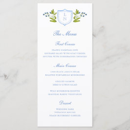 Blue Floral Crest Wedding Menükarte