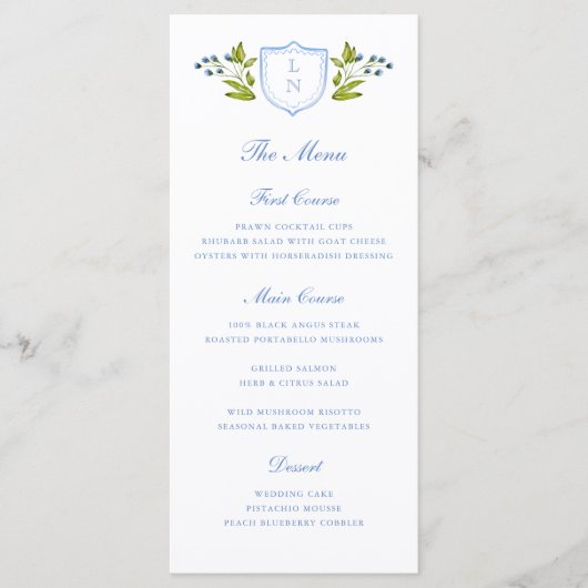 Blue Floral Crest Wedding Menükarte (Vorderseite)