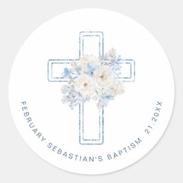 Blue Floral Cross Baptism Runder Aufkleber