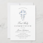 blue floral cross first holy communion invitation einladung (Vorderseite)