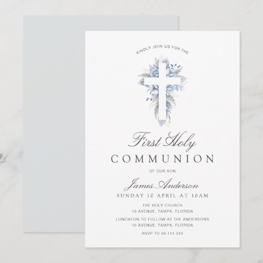 blue floral cross first holy communion invitation einladung (Vorne/Hinten)