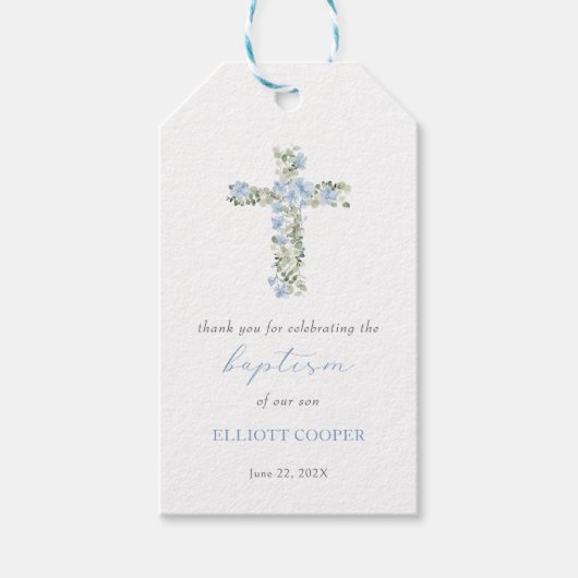 Blue Floral Cross Girl Baptisse Tag Geschenkanhänger (Vorderseite)