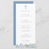 Blue Floral Cross Taufen Menü für Boy Christening Menükarte (Vorne/Hinten)