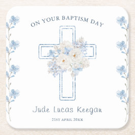 Blue Floral Cross Taufen Paper Untersetzer