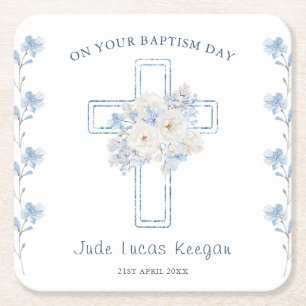 Blue Floral Cross Taufen Paper Untersetzer