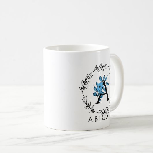Blue Floral Custom Monogram - Letter A Kaffeetasse (VorderseiteRechts)