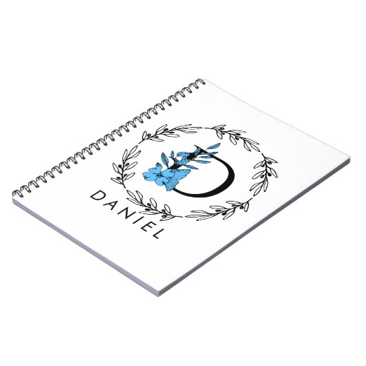 Blue Floral Custom Monogram - Letter D Notebook Notizblock (Linke Seite)