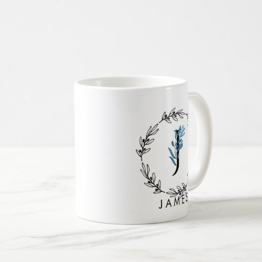 Blue Floral Custom Monogram - Letter J Kaffeetasse (VorderseiteRechts)