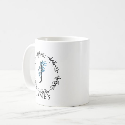 Blue Floral Custom Monogram - Letter J Kaffeetasse (Vorderseite Links)
