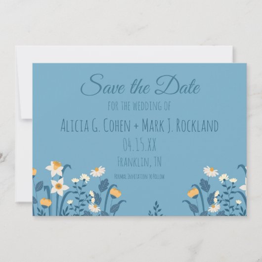 Blue Floral Daisy Wedding Save the Date Card (Vorderseite)
