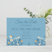 Blue Floral Daisy Wedding Save the Date Card (Stehend Vorderseite)