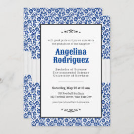 Blue Floral Damask Foto Abschluss Einladung
