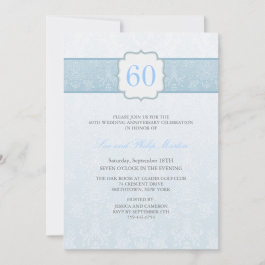 Blue Floral Damask Hochzeitstag Einladung (Vorderseite)