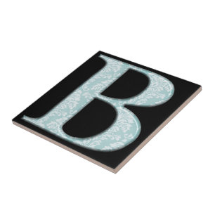Blue Floral Damask Print B Monogramm Initialen Fliese