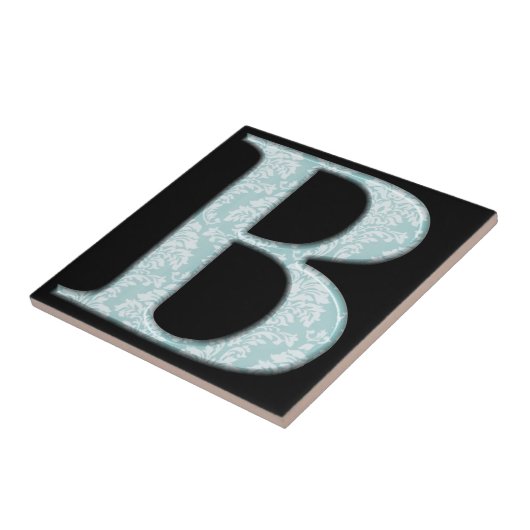 Blue Floral Damask Print B Monogramm Initialen Fliese (Seite)