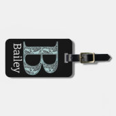 Blue Floral Damask Print B Monogramm Initialen Gepäckanhänger (Vorderseite horizontal)