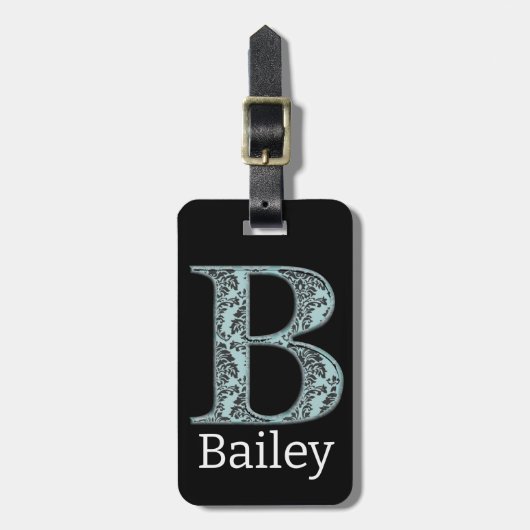 Blue Floral Damask Print B Monogramm Initialen Gepäckanhänger (Vorderseite vertikal)