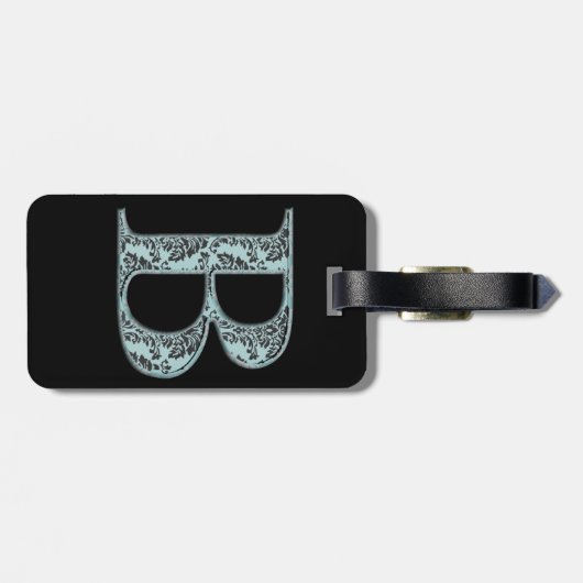 Blue Floral Damask Print B Monogramm Initialen Gepäckanhänger (Rückseite horizontal)