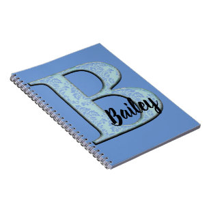 Blue Floral Damask Print B Monogramm Initialen Notizblock