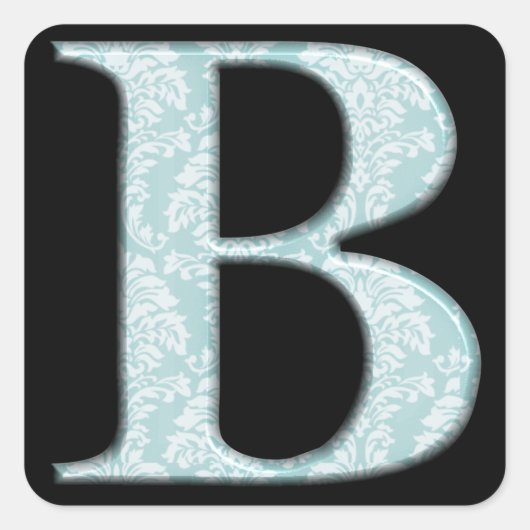 Blue Floral Damask Print B Monogramm Initialen Quadratischer Aufkleber (Vorderseite)