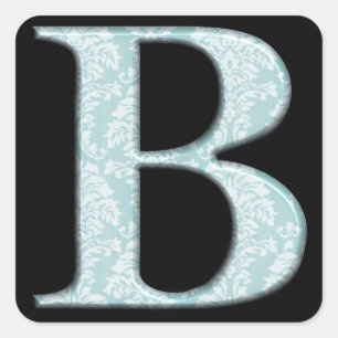 Blue Floral Damask Print B Monogramm Initialen Quadratischer Aufkleber