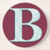 Blue Floral Damask Print B Monogramm Initialen Sandstein Untersetzer (Vorne)