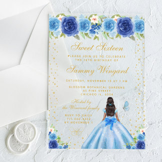Blue Floral Dark Skin Princess 16 . Geburtstag Acryleinladungen