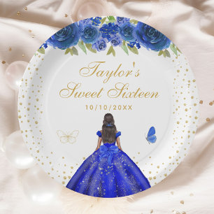 Blue Floral Dark Skin Princess 16 . Geburtstag Pappteller